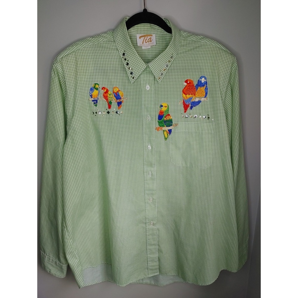 Vintage Tia Studded Green Gingham Button Down Shirt Embroidered Parrots Women XL